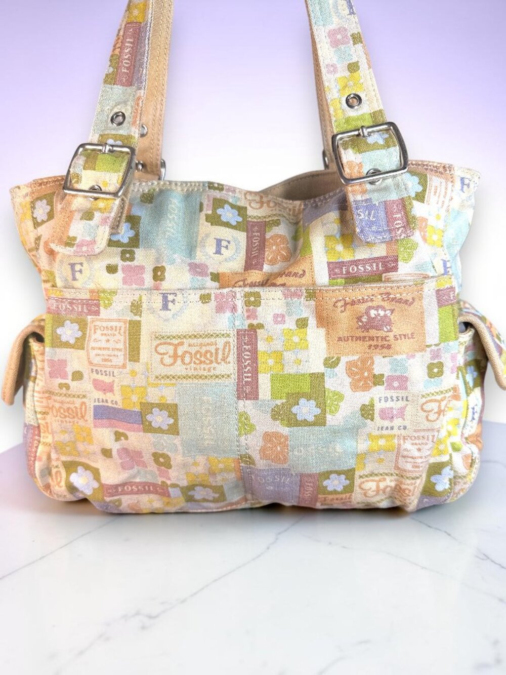 Fossil Rare Vintage Y2K "Nostalgia Grid" Multicolor Canvas Shoulder Tote Bag - Picture 8 of 16